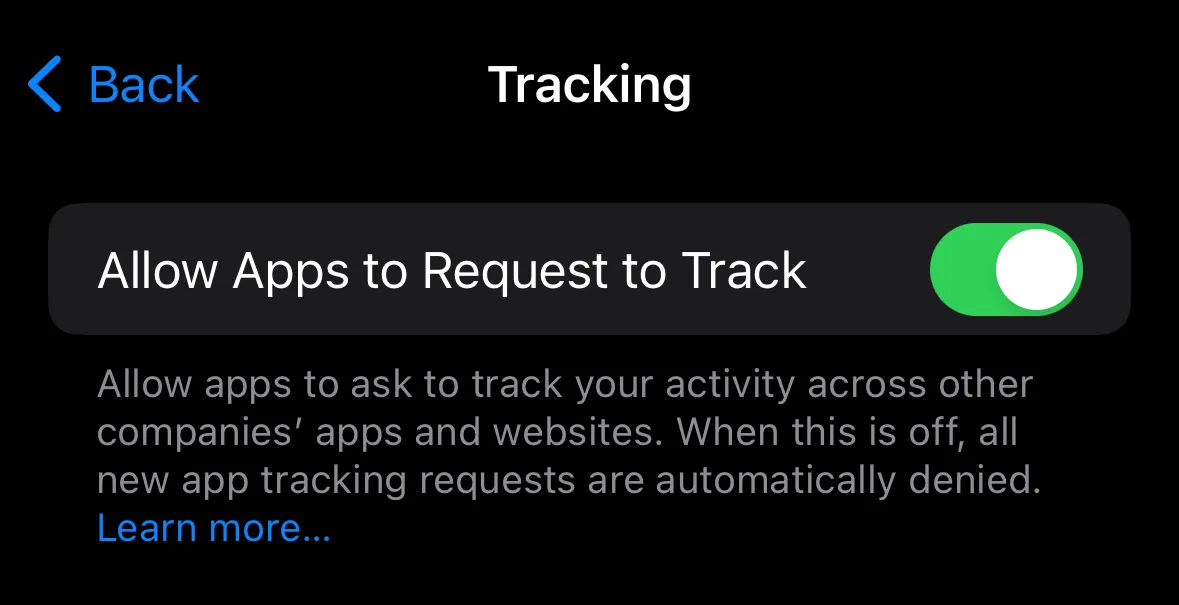 iOS Tracking setting screen with the option to “Allow Apps to Request to Track” enabled.